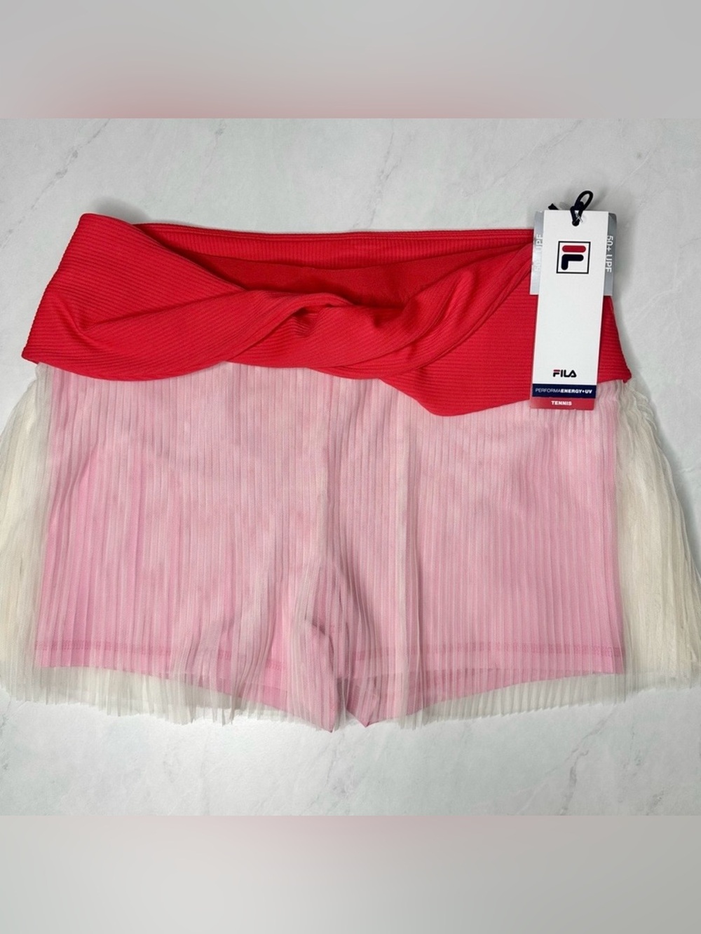 Fila X Brandon Maxwell Pink Red Pleated Tulle Skort Twist Waistband Tennis